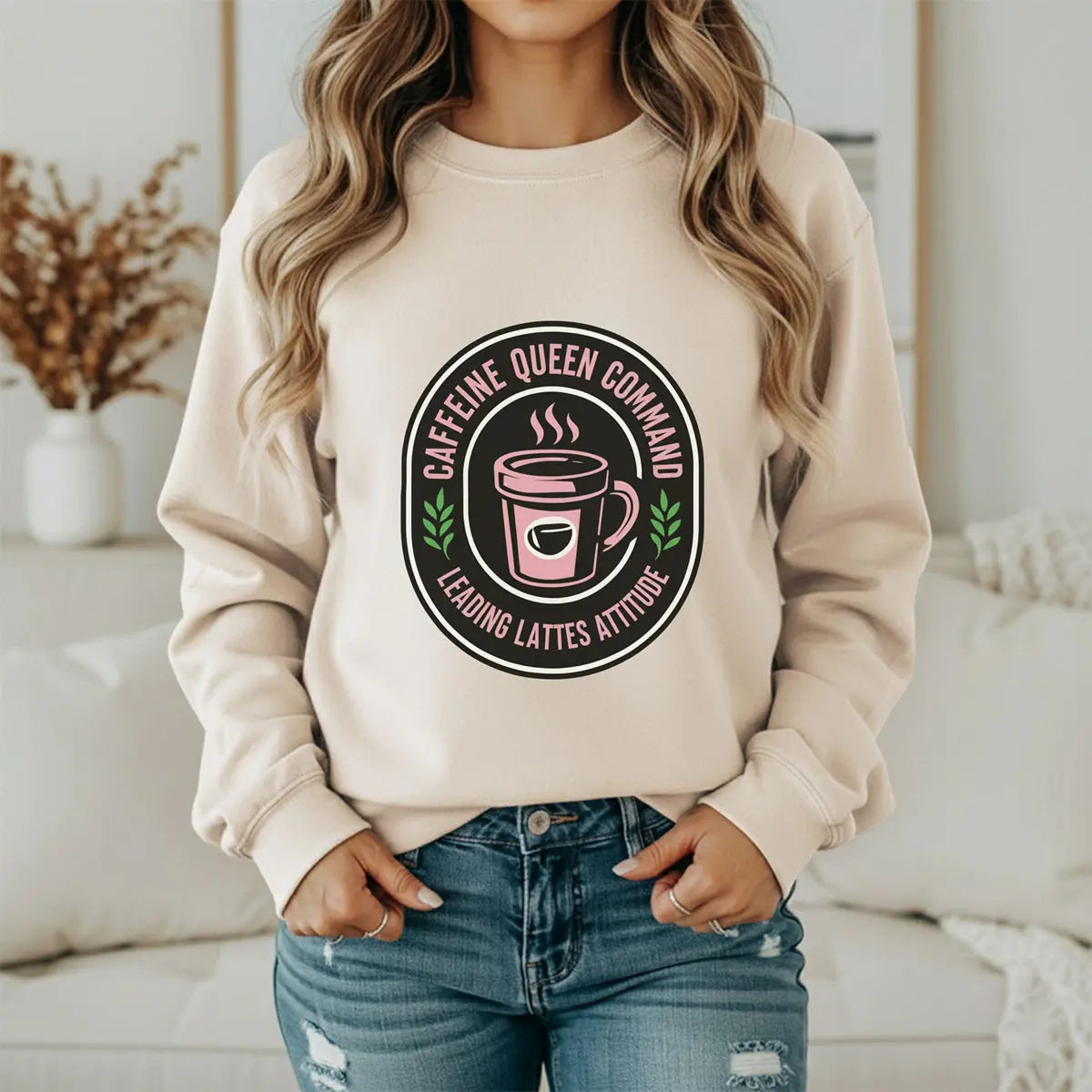 Coffee Crewneck Sweatshirt — "Caffeine Queen Command" Latte Lovers Pullover Printify