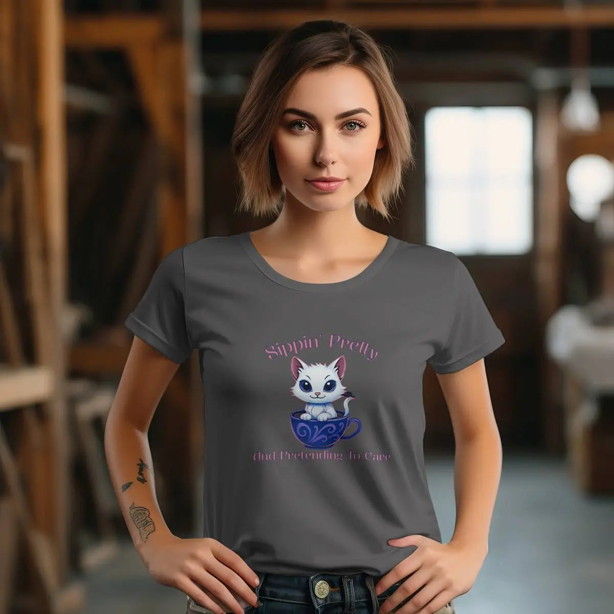 Sippin’ Pretty T-Shirt – and Pretending to Care, Funny Cat Coffee Lover Tee for Women, Sassy Caffeine Queen Gift, Sarcastic Morning Shirt Printify