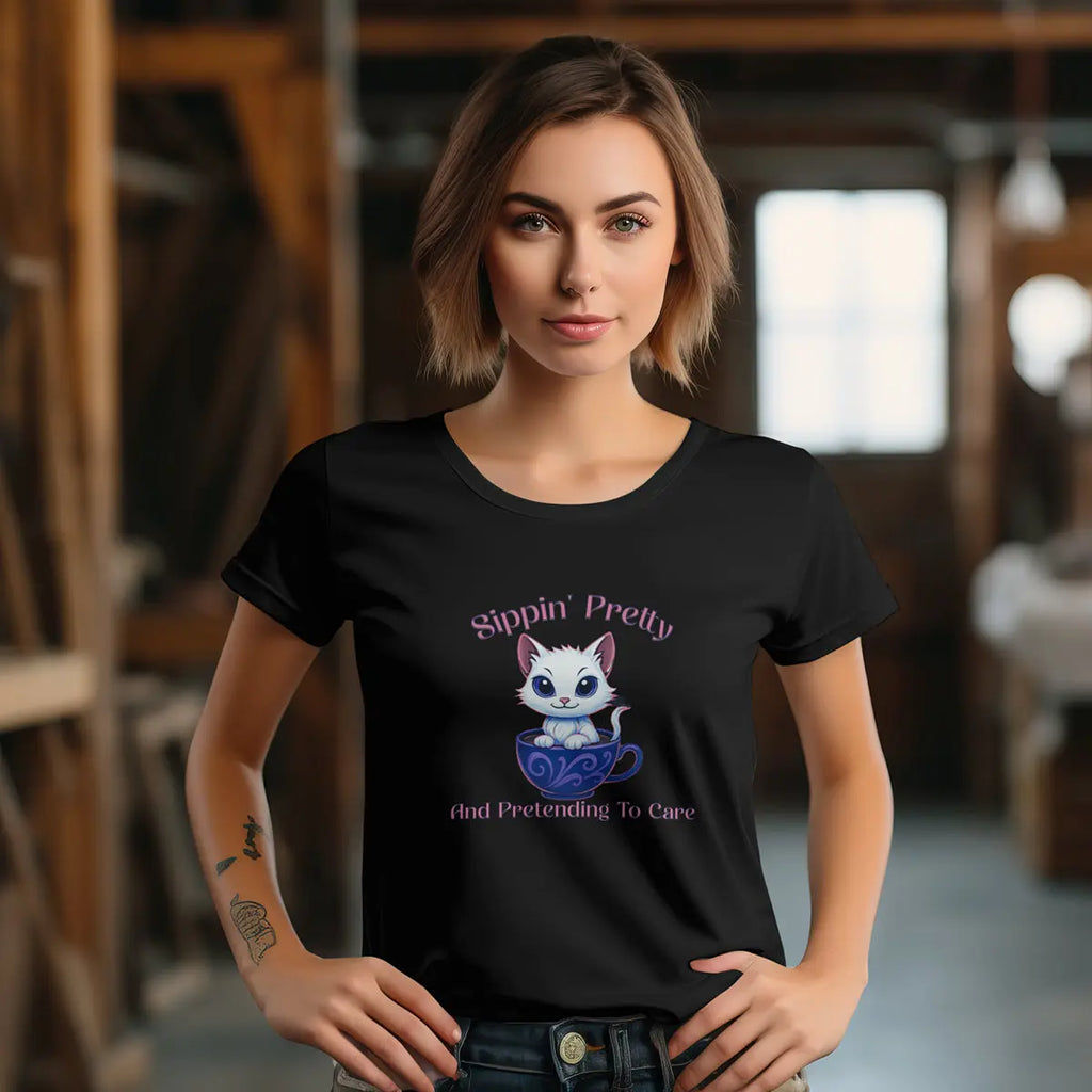 Sippin’ Pretty T-Shirt – and Pretending to Care, Funny Cat Coffee Lover Tee for Women, Sassy Caffeine Queen Gift, Sarcastic Morning Shirt Printify
