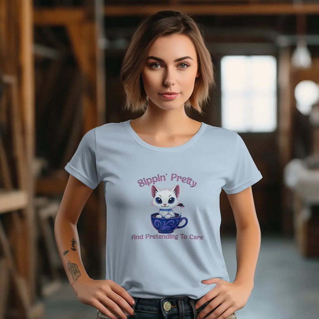 Sippin’ Pretty T-Shirt – and Pretending to Care, Funny Cat Coffee Lover Tee for Women, Sassy Caffeine Queen Gift, Sarcastic Morning Shirt Printify