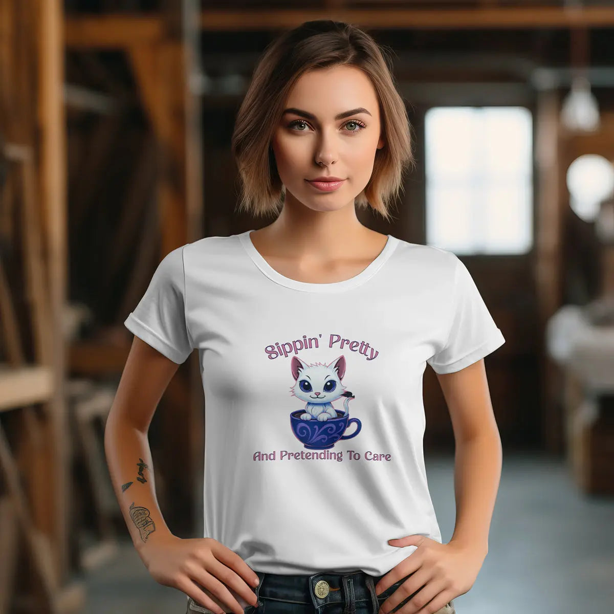 Sippin’ Pretty T-Shirt – and Pretending to Care, Funny Cat Coffee Lover Tee for Women, Sassy Caffeine Queen Gift, Sarcastic Morning Shirt Printify