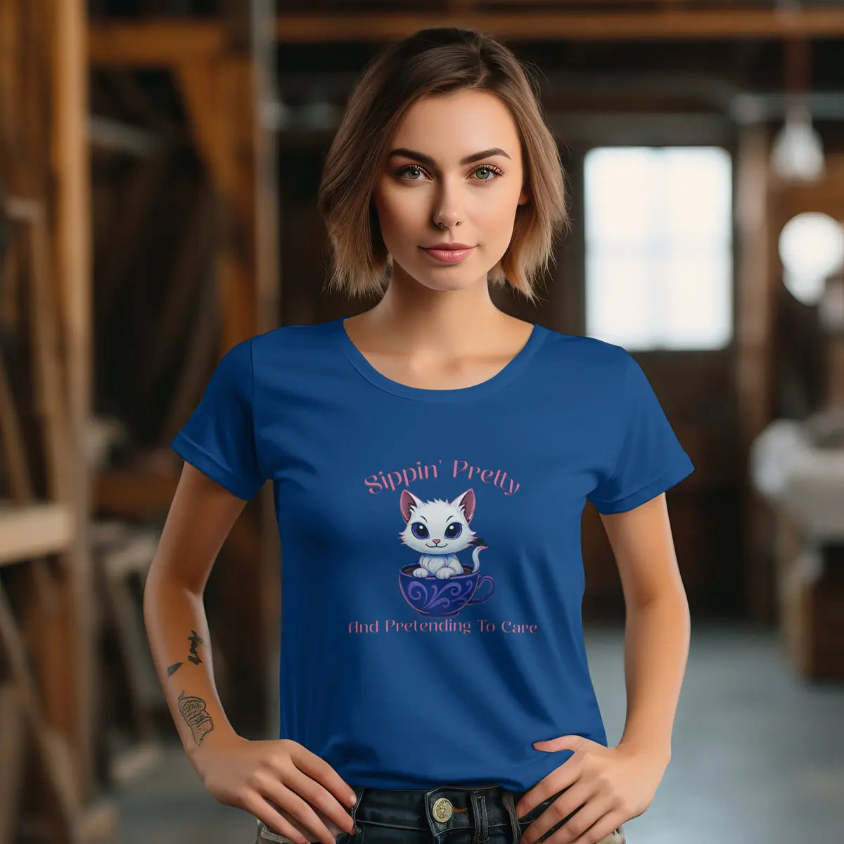 Sippin’ Pretty T-Shirt – and Pretending to Care, Funny Cat Coffee Lover Tee for Women, Sassy Caffeine Queen Gift, Sarcastic Morning Shirt Printify