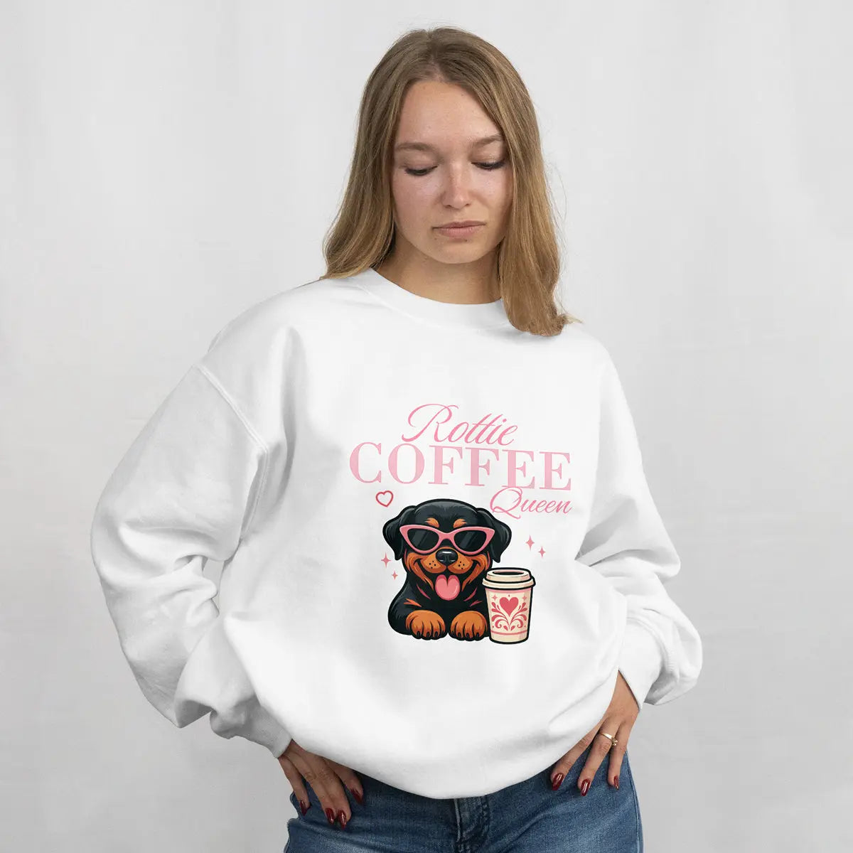 Rottie Coffee Sweatshirt — Cute Rottweiler with Coffee Graphic Printify
