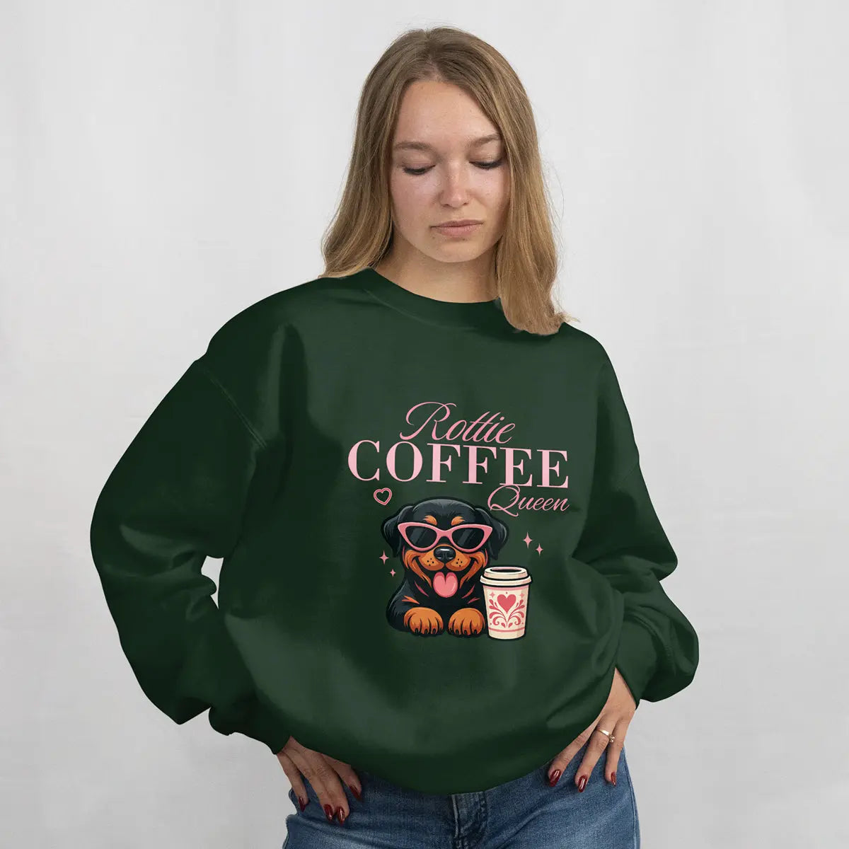 Rottie Coffee Sweatshirt — Cute Rottweiler with Coffee Graphic Printify