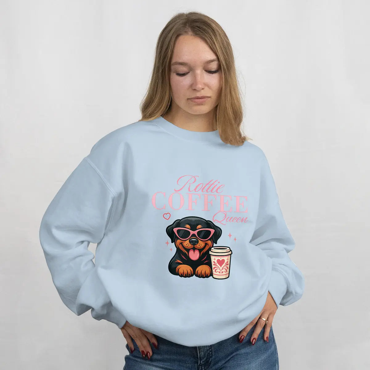 Rottie Coffee Sweatshirt — Cute Rottweiler with Coffee Graphic Printify