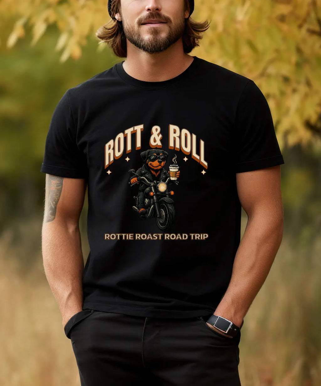 Rott & Roll T-Shirt — 'Rottie Roast Road Trip' Motorcycle Dog Graphic Tee Printify