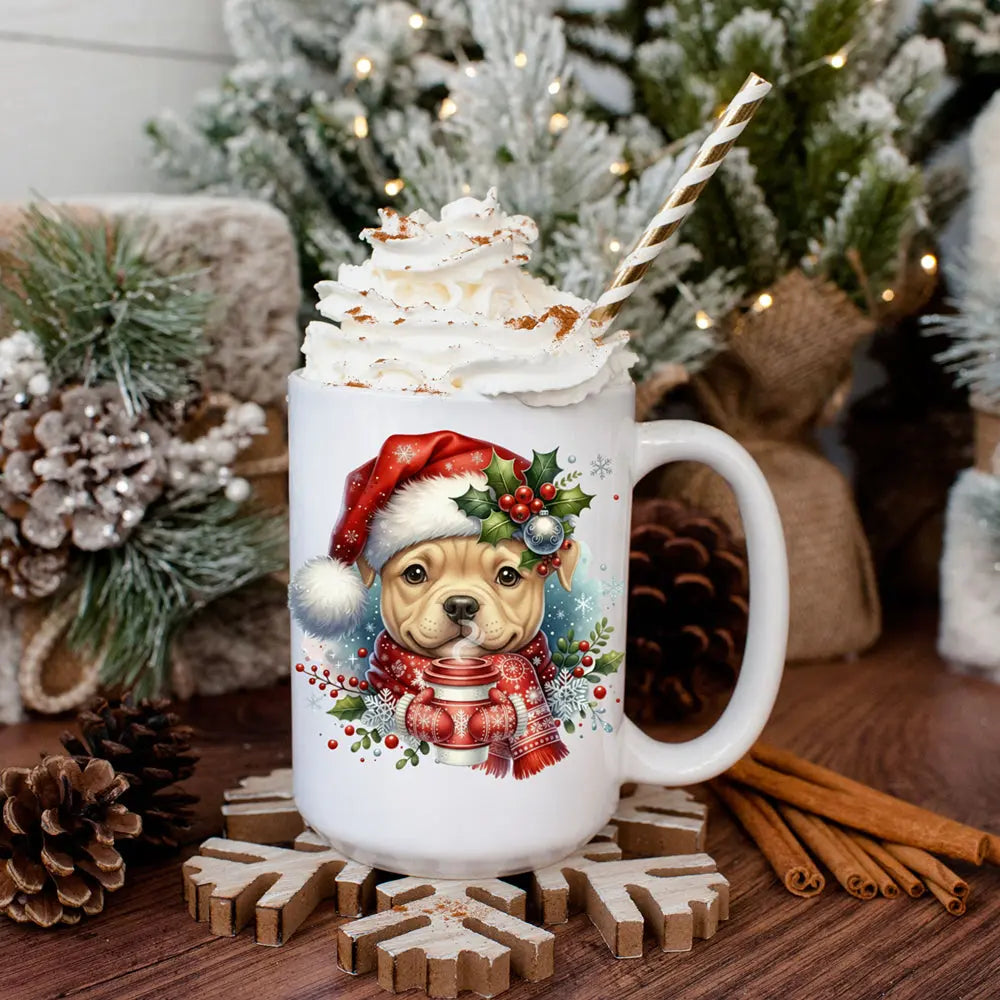 Pitbull Puppy Christmas Mug — Cute Santa Hat Coffee Cup (15oz) Printify