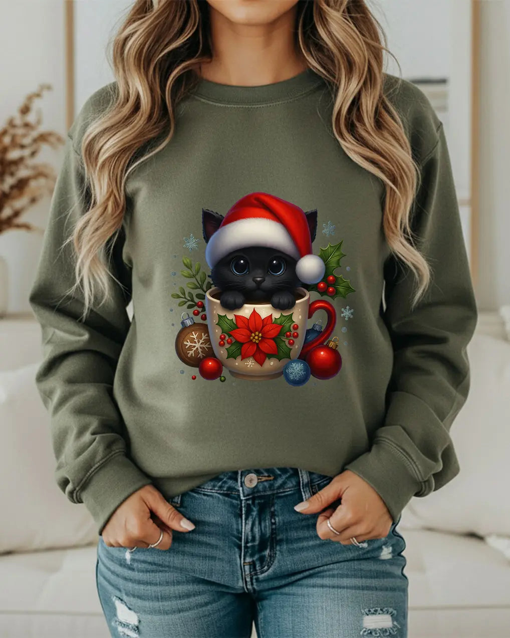 Christmas Kitten Coffee Cup Sweatshirt — Cute Black Cat in Santa Hat Holiday Crewneck Printify