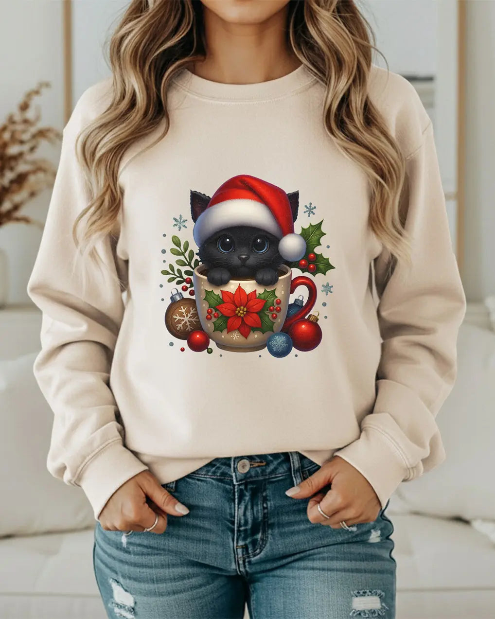 Christmas Kitten Coffee Cup Sweatshirt — Cute Black Cat in Santa Hat Holiday Crewneck Printify