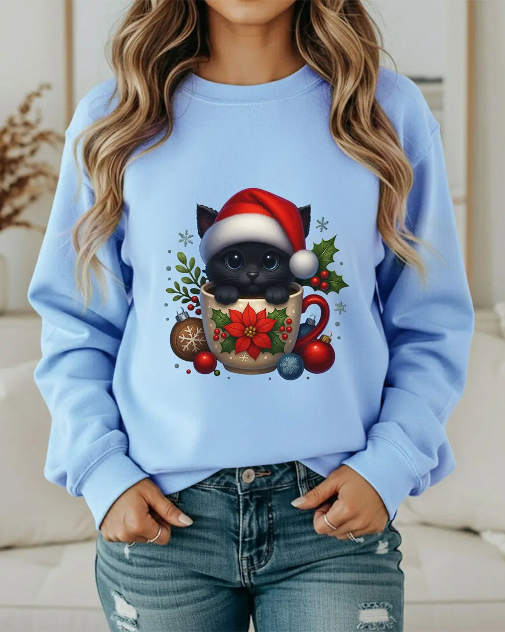 Christmas Kitten Coffee Cup Sweatshirt — Cute Black Cat in Santa Hat Holiday Crewneck Printify