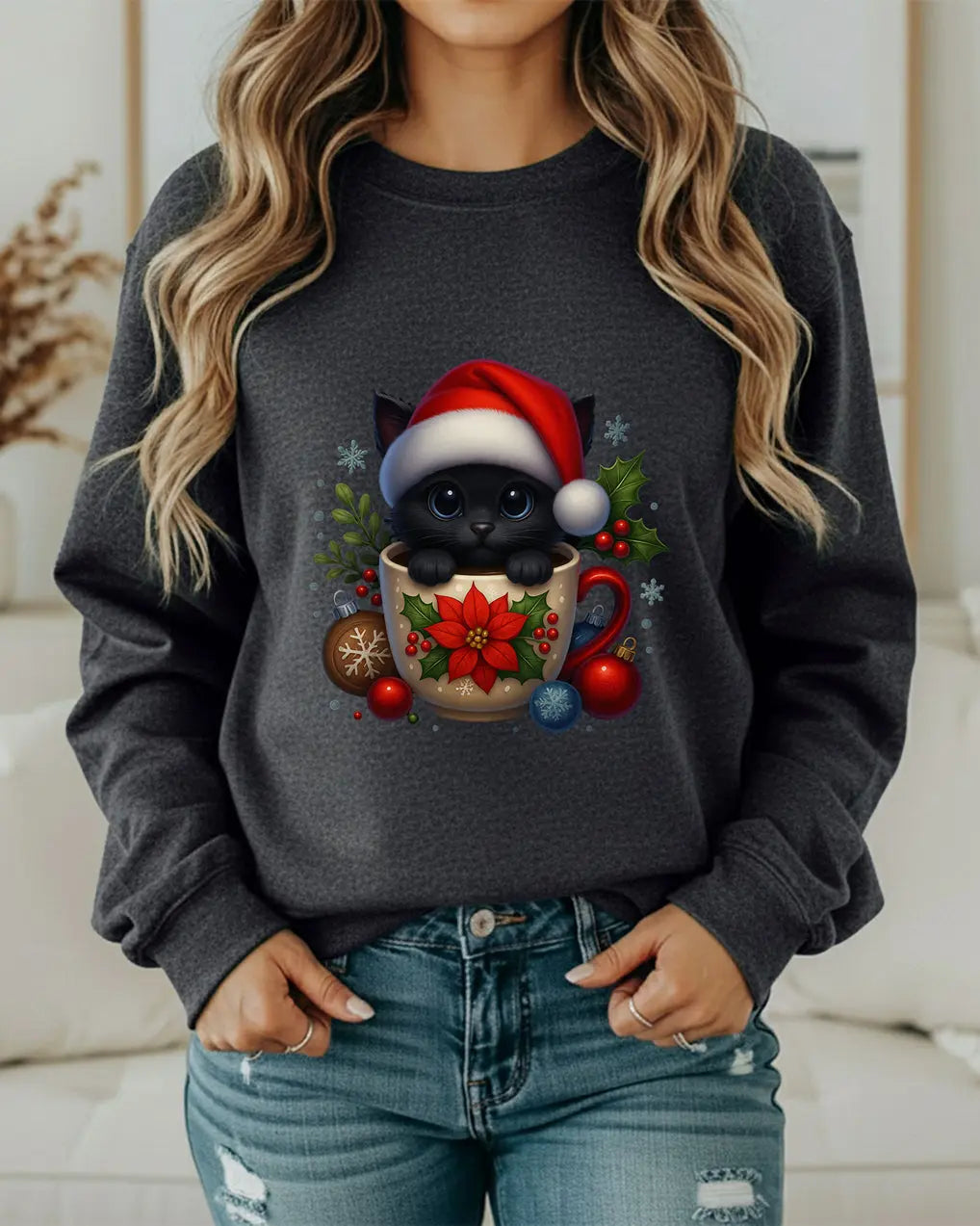 Christmas Kitten Coffee Cup Sweatshirt — Cute Black Cat in Santa Hat Holiday Crewneck Printify