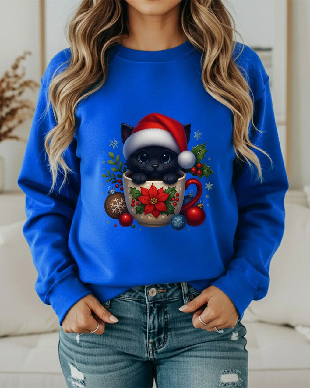 Christmas Kitten Coffee Cup Sweatshirt — Cute Black Cat in Santa Hat Holiday Crewneck Printify