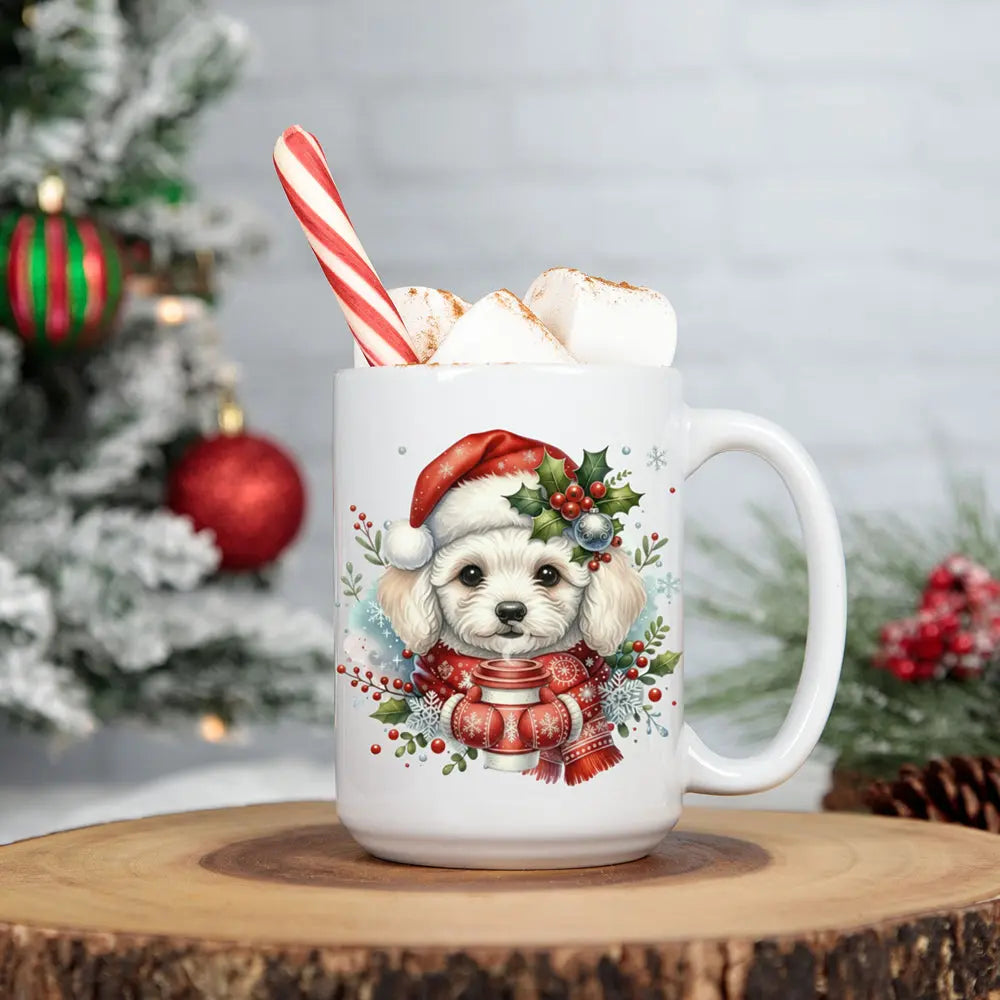 Christmas Poodle Coffee Mug — Cute Poodle in Santa Hat 15oz Printify