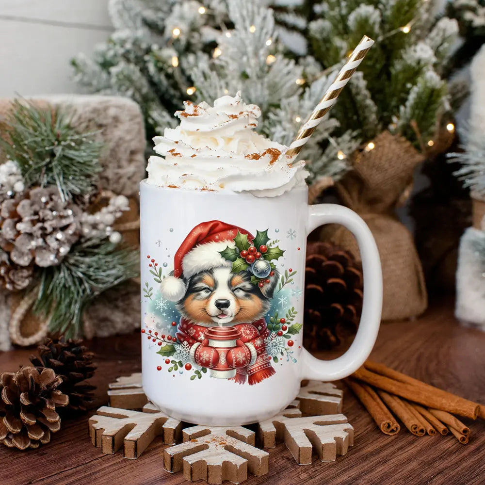 Australian Shepherd Christmas Mug — Dog in Santa Hat & Scarf (15oz) Printify