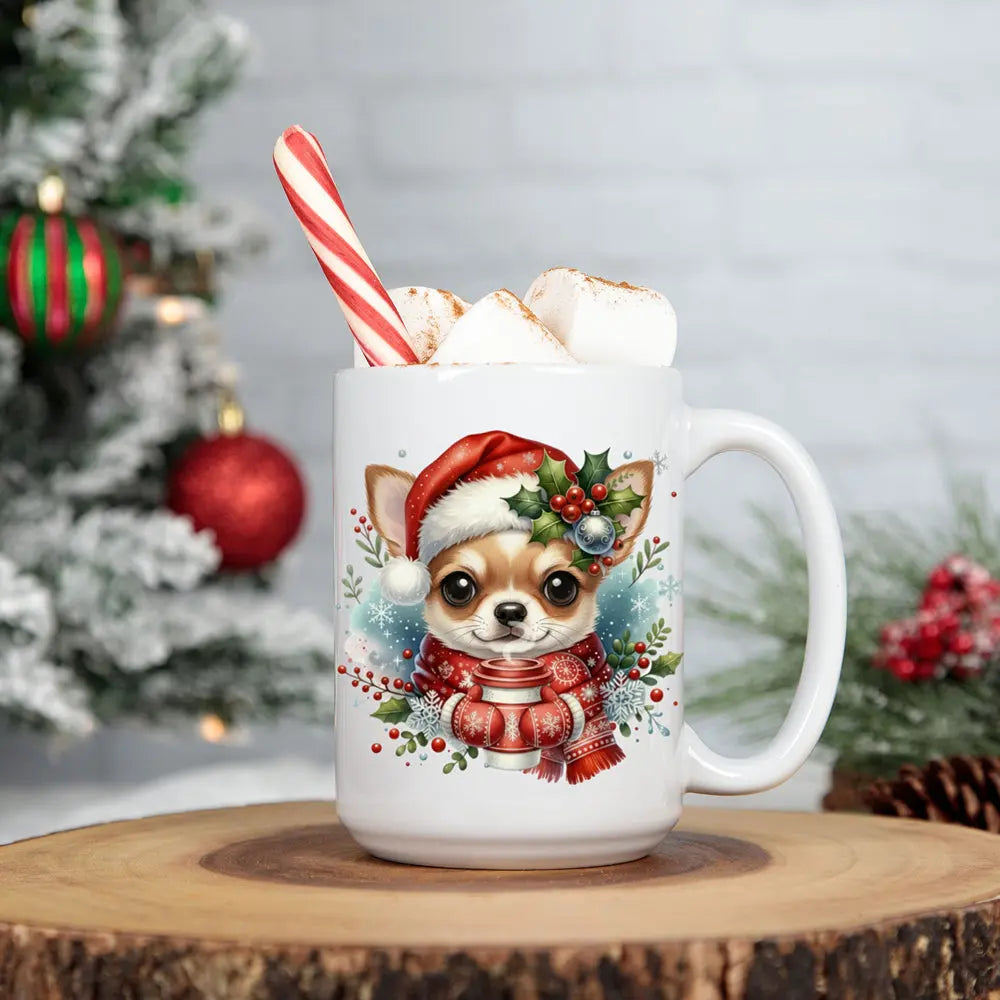 Christmas Chihuahua Mug — Chihuahua in Santa Hat Coffee Mug (15oz) Printify