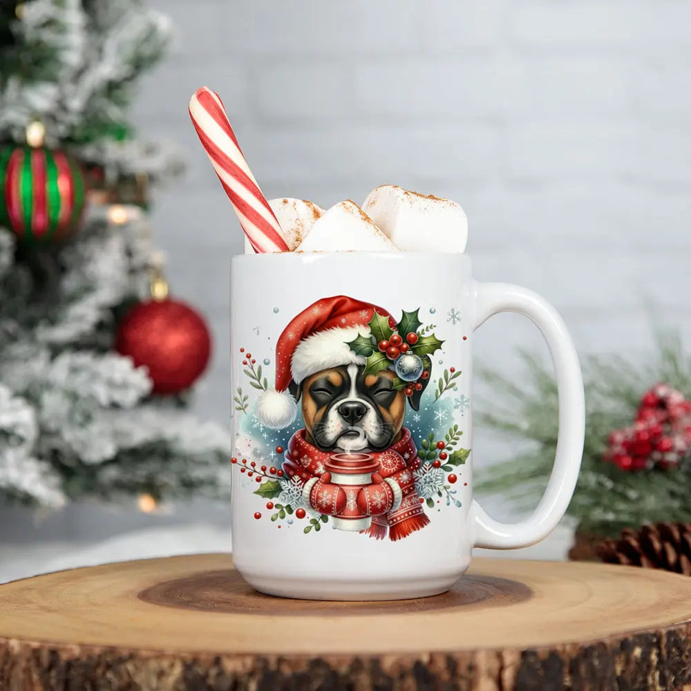 Christmas Boxer Puppy Coffee Mug — 15oz Ceramic Holiday Mug Printify