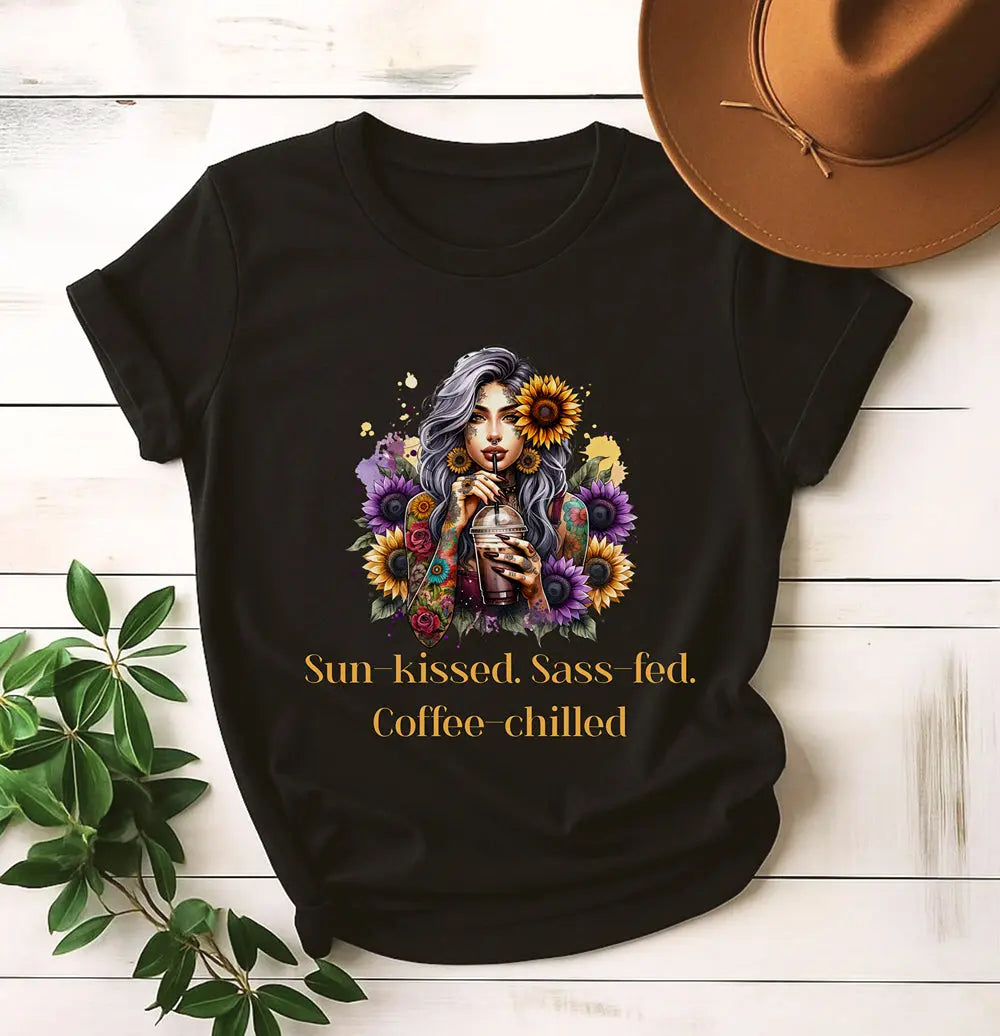 Sun-Kissed Sass-Fed Coffee-Chilled Shirt – Boho Coffee Lover Tee, Sunflower Aesthetic T-Shirt, Sassy Summer Caffeine Gift Printify