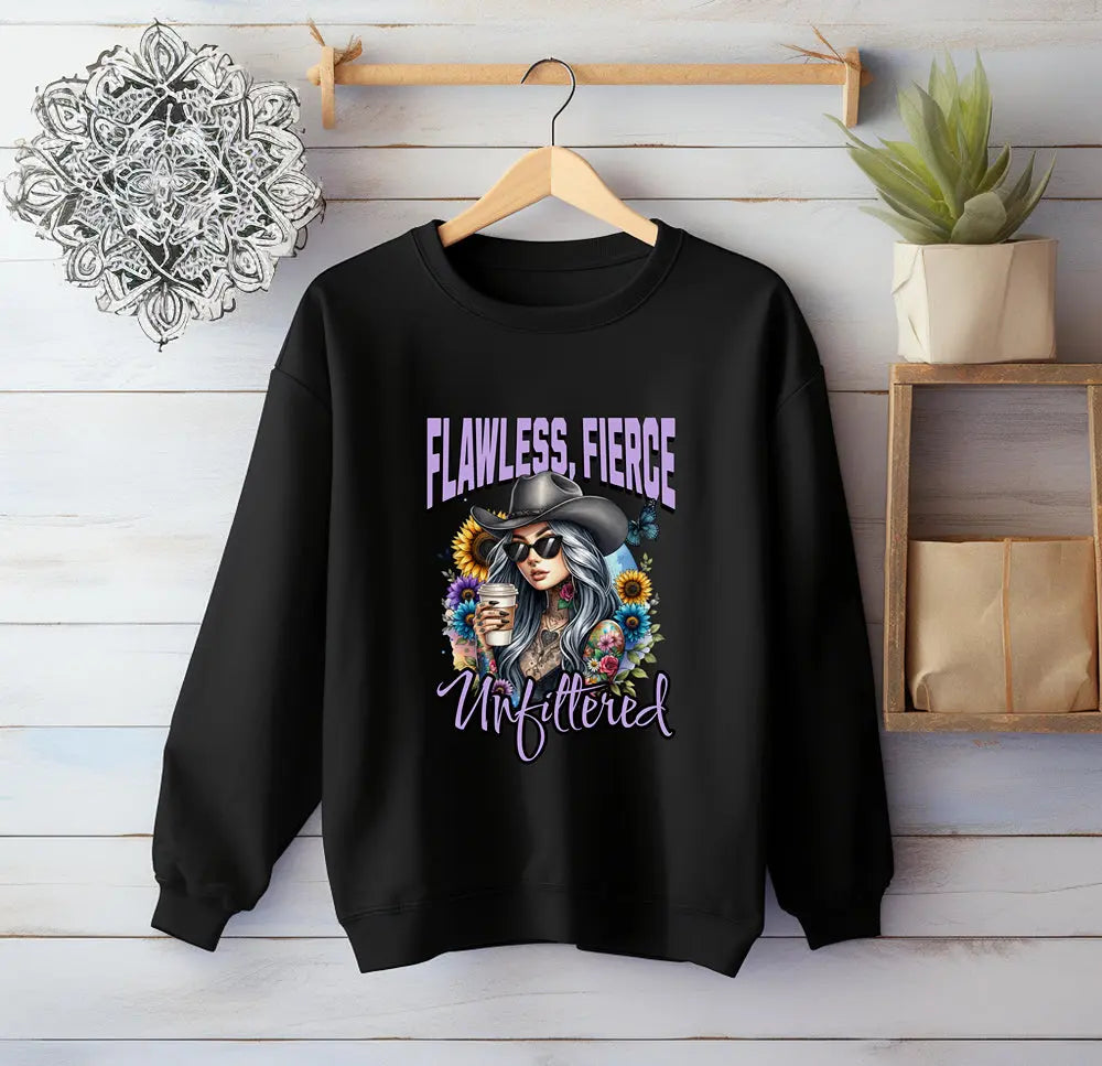 Unfiltered Cowgirl Sweatshirt - Cute Sassy Cowgirl Coffee Flower Shirt Printify