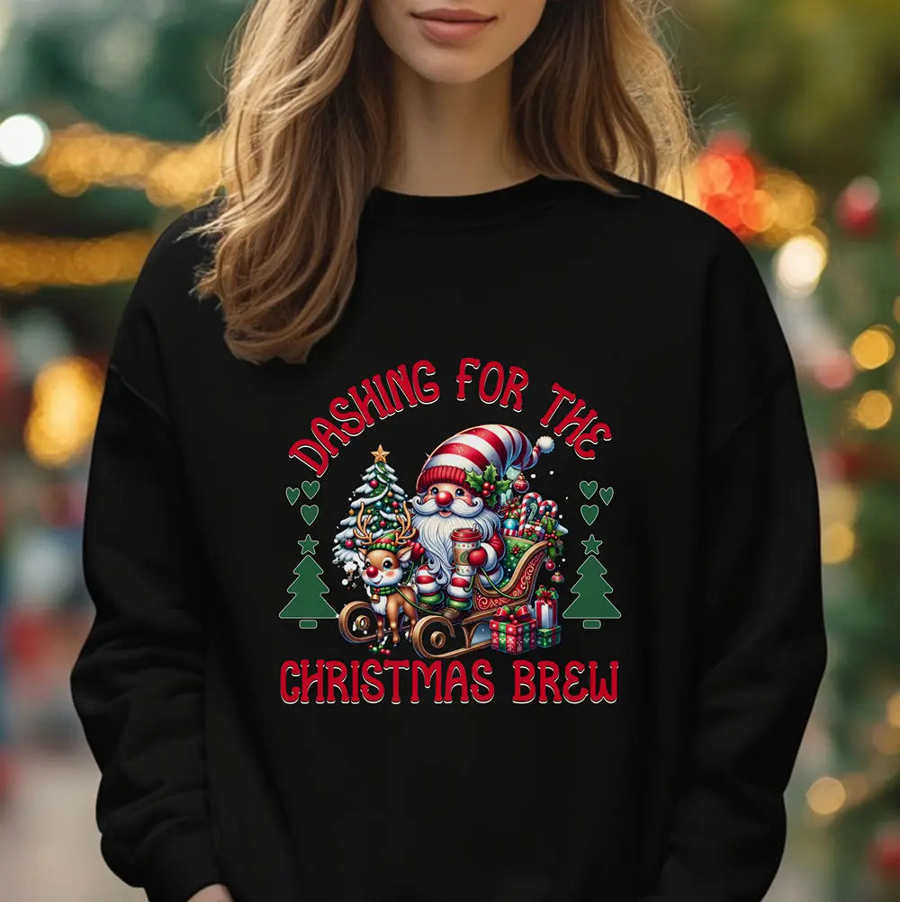 Dashing for the Brew Sweatshirt - Cute Christmas Santa in sleigh with toys and coffee Printify