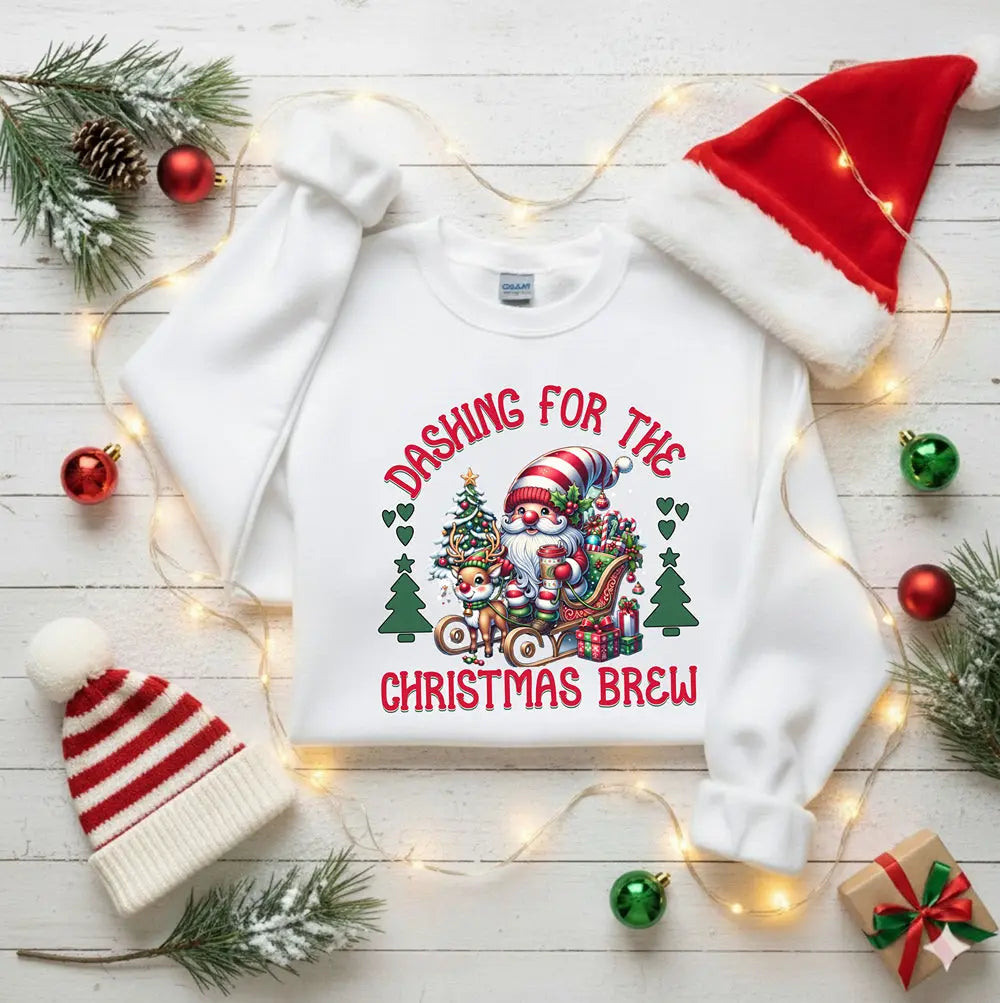 Dashing for the Brew Sweatshirt - Cute Christmas Santa in sleigh with toys and coffee Printify