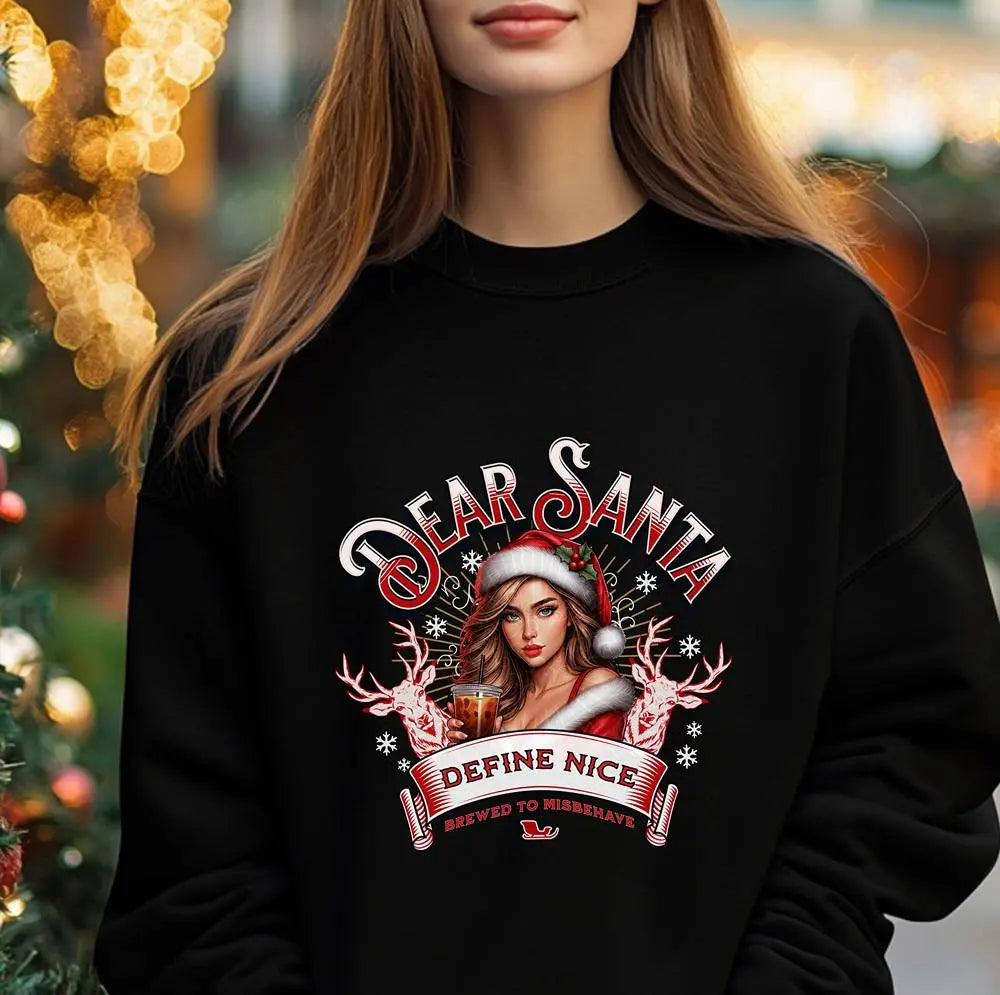 Holiday Sweatshirt — “Dear Santa, Define Nice” Iced Coffee Funny Christmas Crewneck Printify