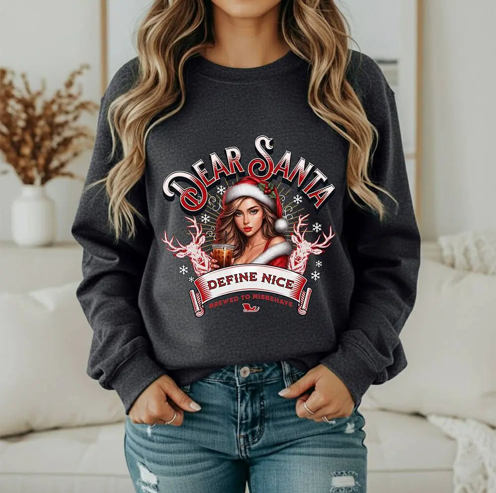 Holiday Sweatshirt — “Dear Santa, Define Nice” Iced Coffee Funny Christmas Crewneck Printify