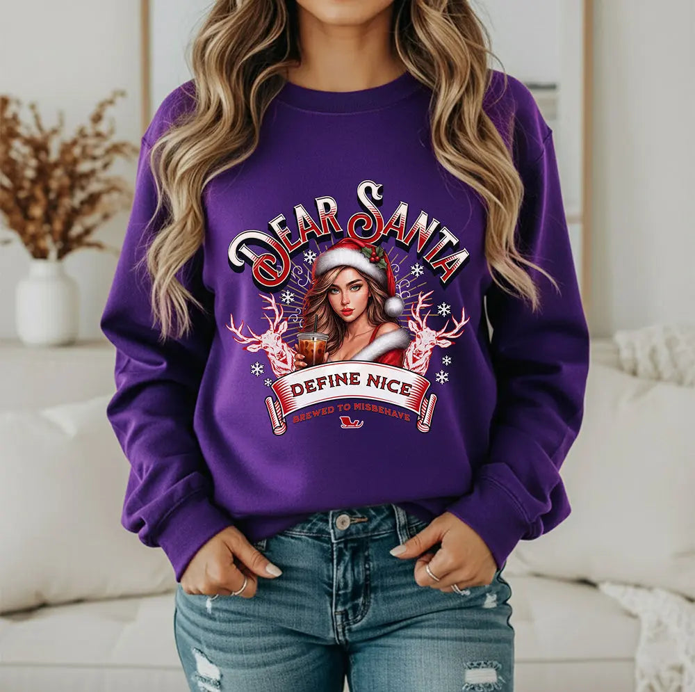 Holiday Sweatshirt — “Dear Santa, Define Nice” Iced Coffee Funny Christmas Crewneck Printify