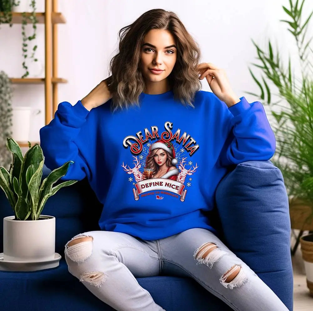 Holiday Sweatshirt — “Dear Santa, Define Nice” Iced Coffee Funny Christmas Crewneck Printify