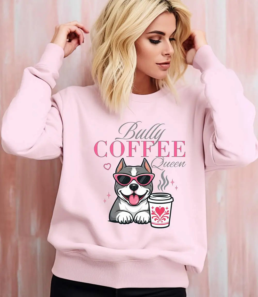 Bully Coffee Queen Sweatshirt — Pitbull with Coffee & Pink Shades Printify