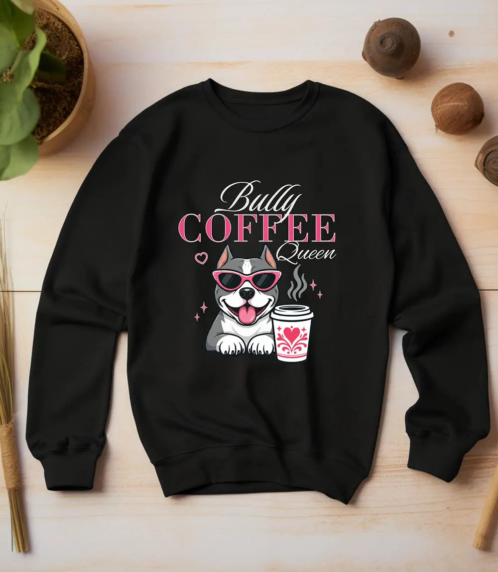 Bully Coffee Queen Sweatshirt — Pitbull with Coffee & Pink Shades Printify