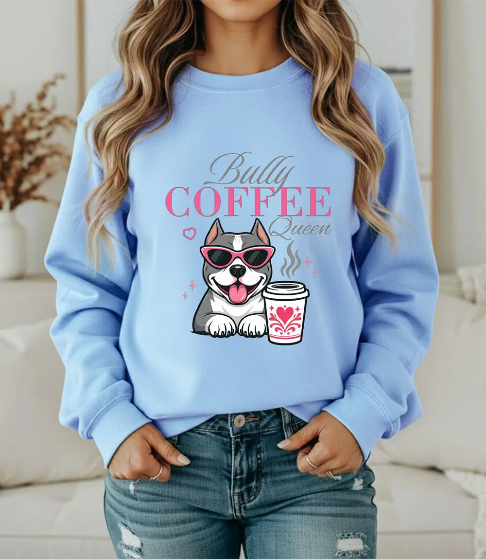 Bully Coffee Queen Sweatshirt — Pitbull with Coffee & Pink Shades Printify