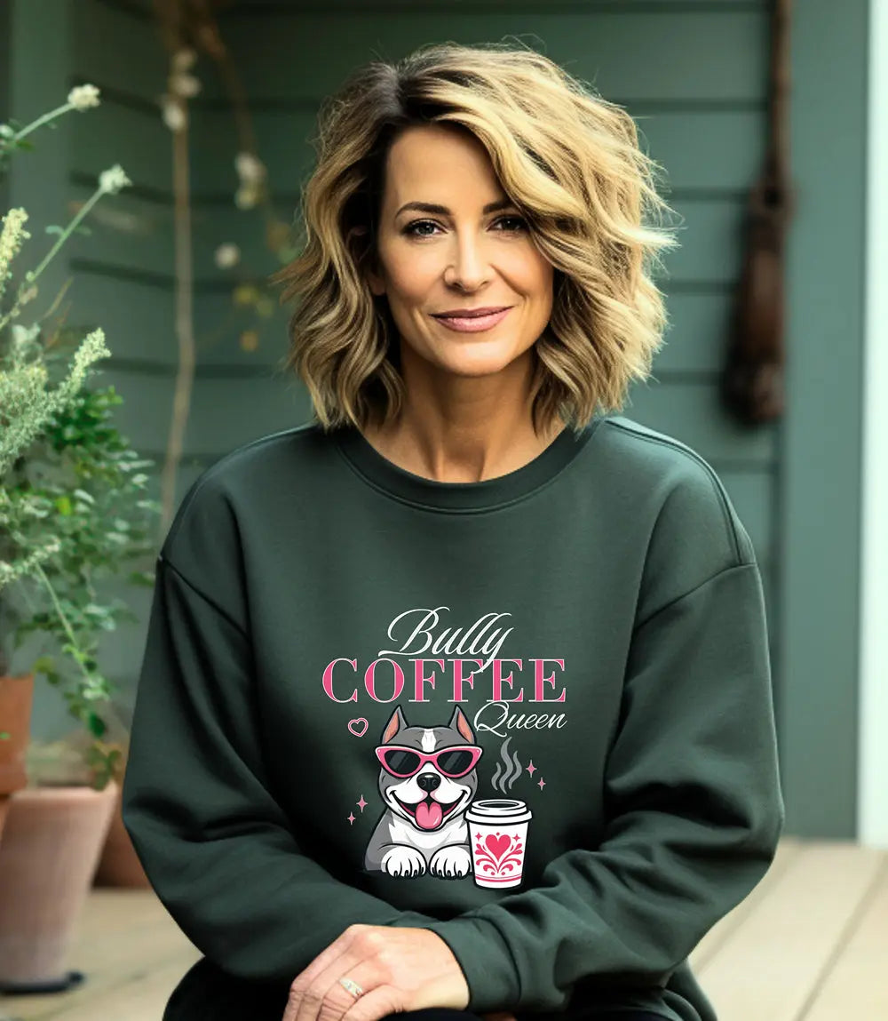Bully Coffee Queen Sweatshirt — Pitbull with Coffee & Pink Shades Printify