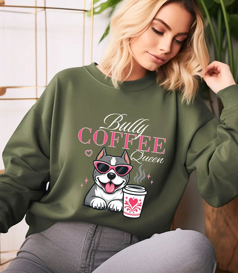 Bully Coffee Queen Sweatshirt — Pitbull with Coffee & Pink Shades Printify