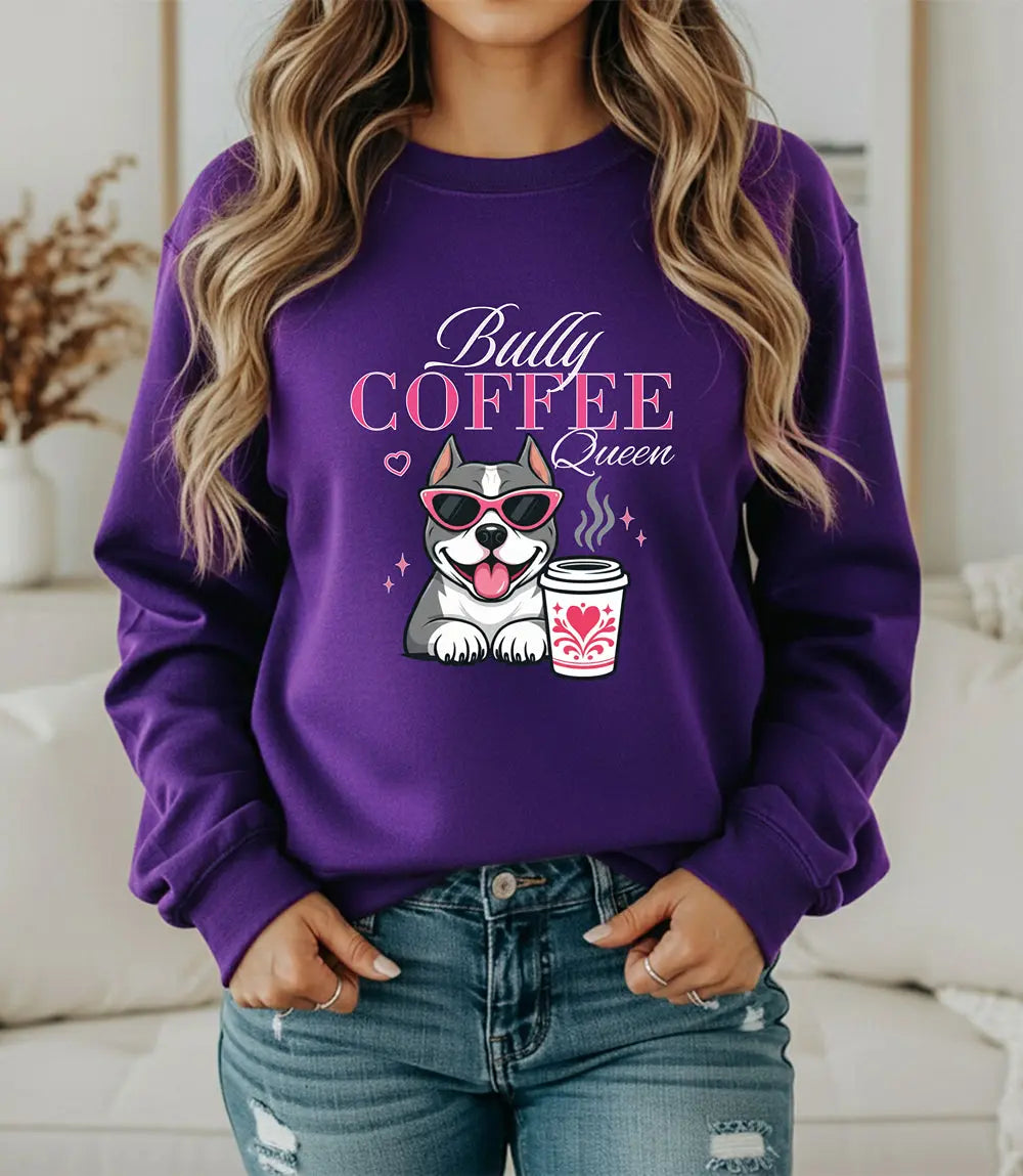 Bully Coffee Queen Sweatshirt — Pitbull with Coffee & Pink Shades Printify