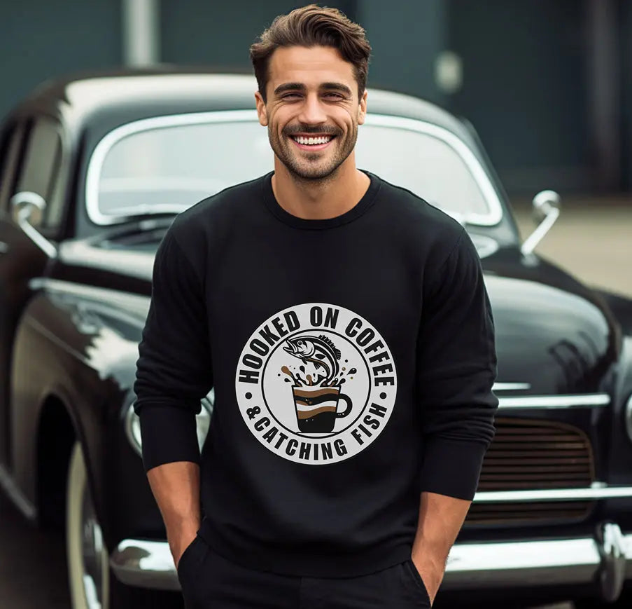 Hooked on Coffee and Catching Fish Sweatshirt Printify