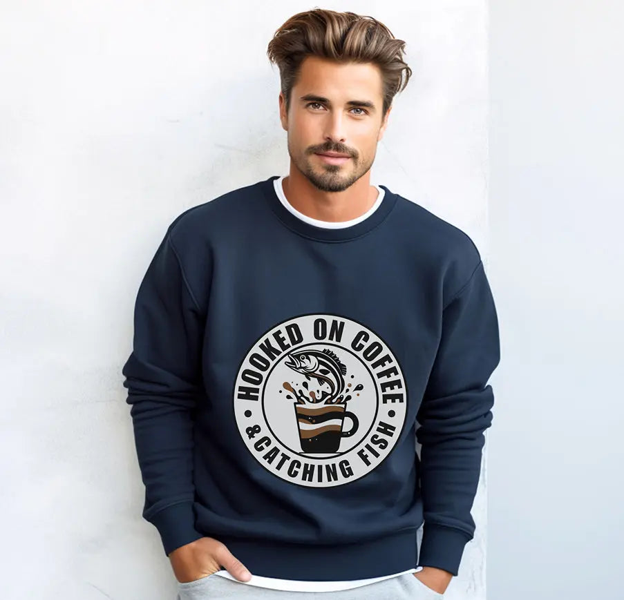Hooked on Coffee and Catching Fish Sweatshirt Printify