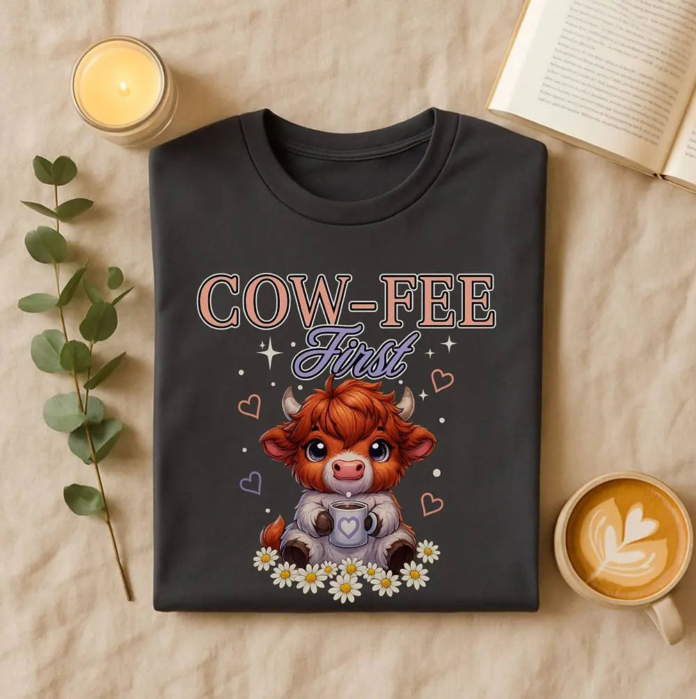 Cute Cow Coffee Tee — "Cow-fee First" Women's Softstyle T-Shirt Printify