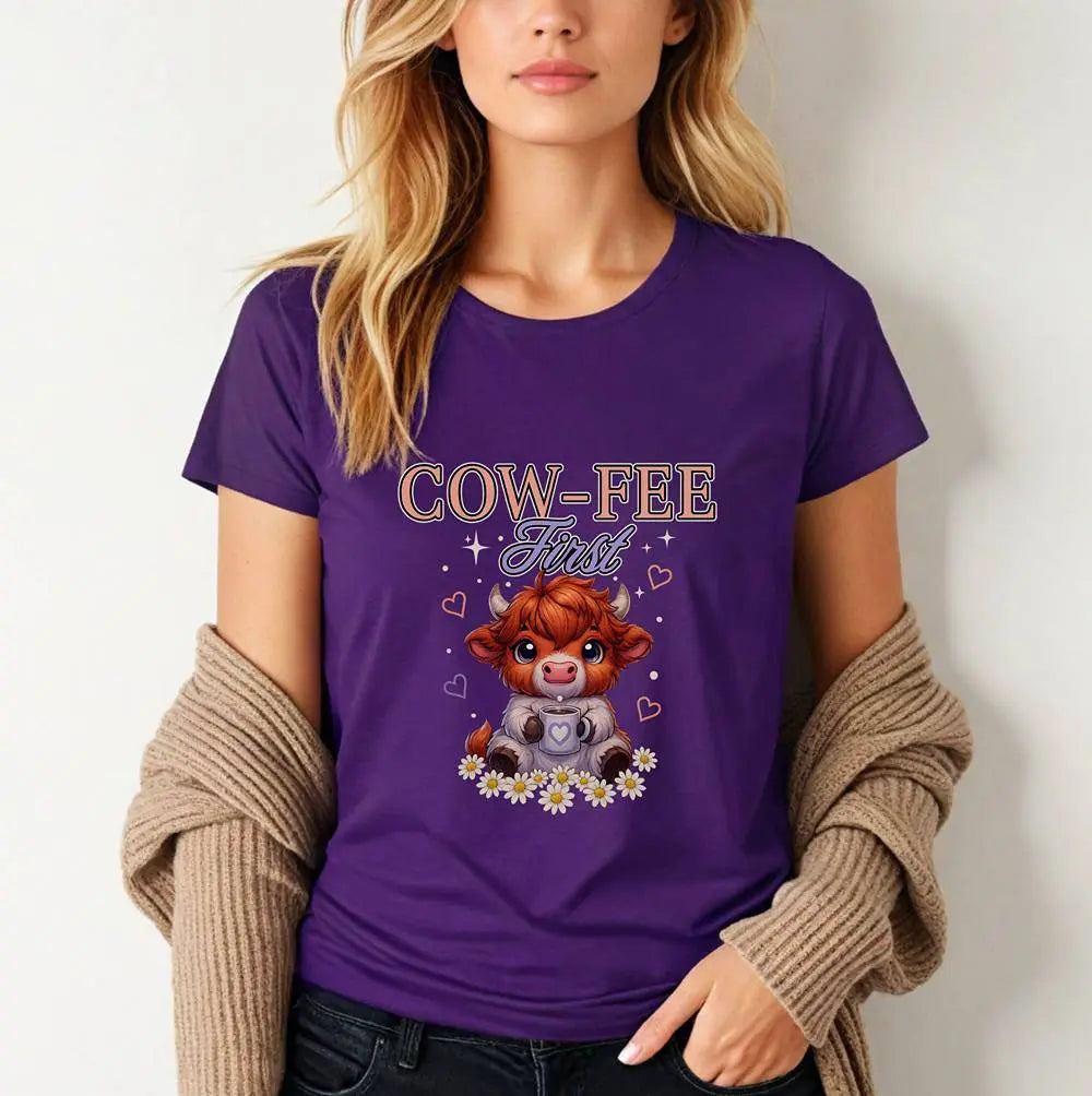 Cute Cow Coffee Tee — "Cow-fee First" Women's Softstyle T-Shirt Printify