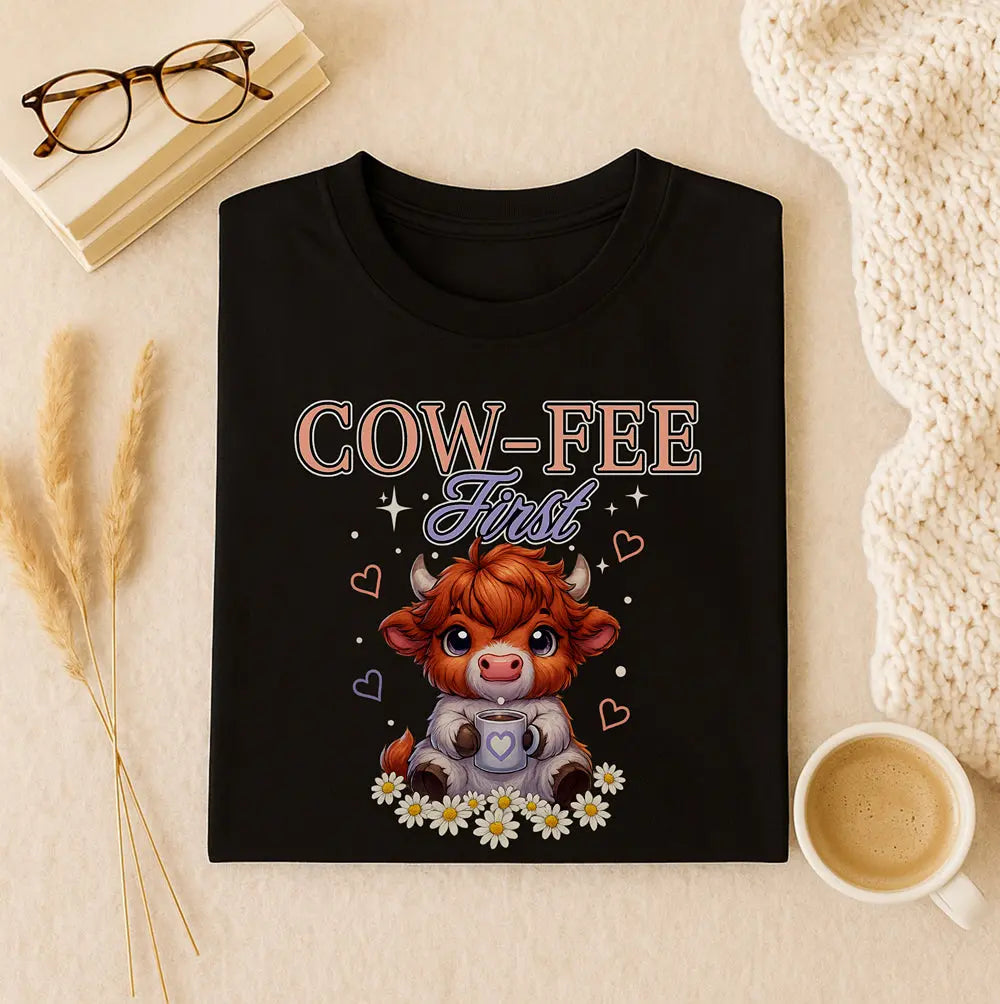 Cute Cow Coffee Tee — "Cow-fee First" Women's Softstyle T-Shirt Printify