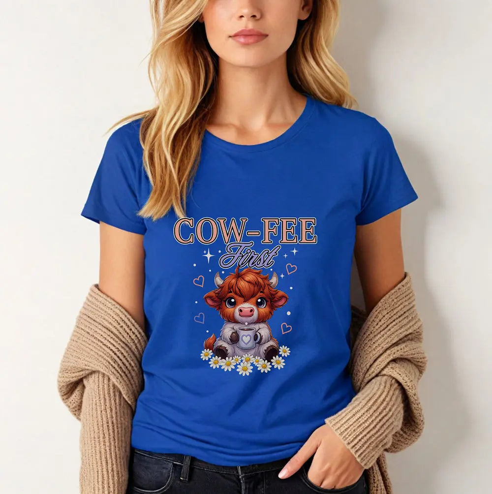 Cute Cow Coffee Tee — "Cow-fee First" Women's Softstyle T-Shirt Printify