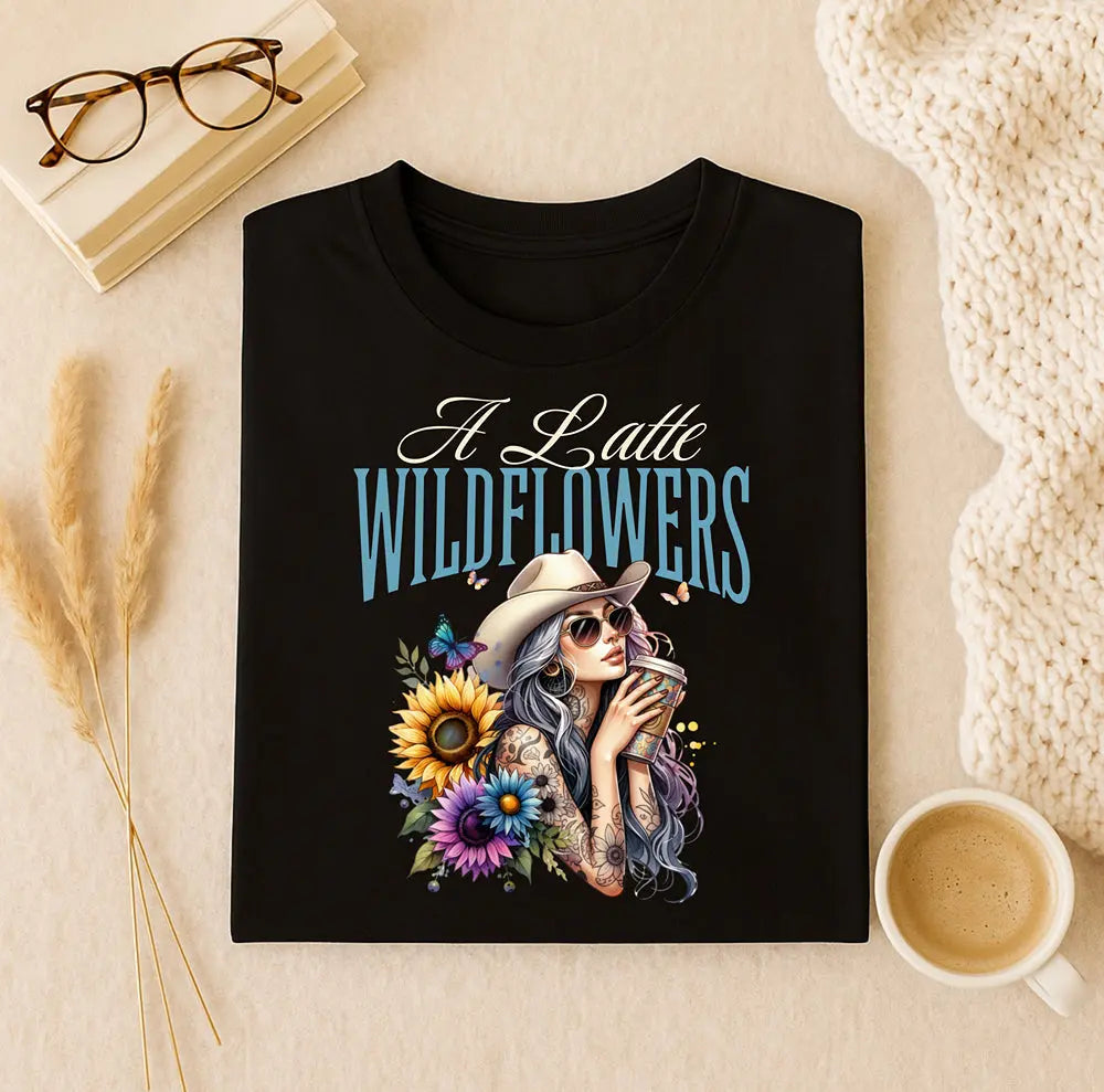 Women's Cowgirl Tee — 'A Latte Wildflowers' Cowboy Hat Coffee Sunflowers Design Printify