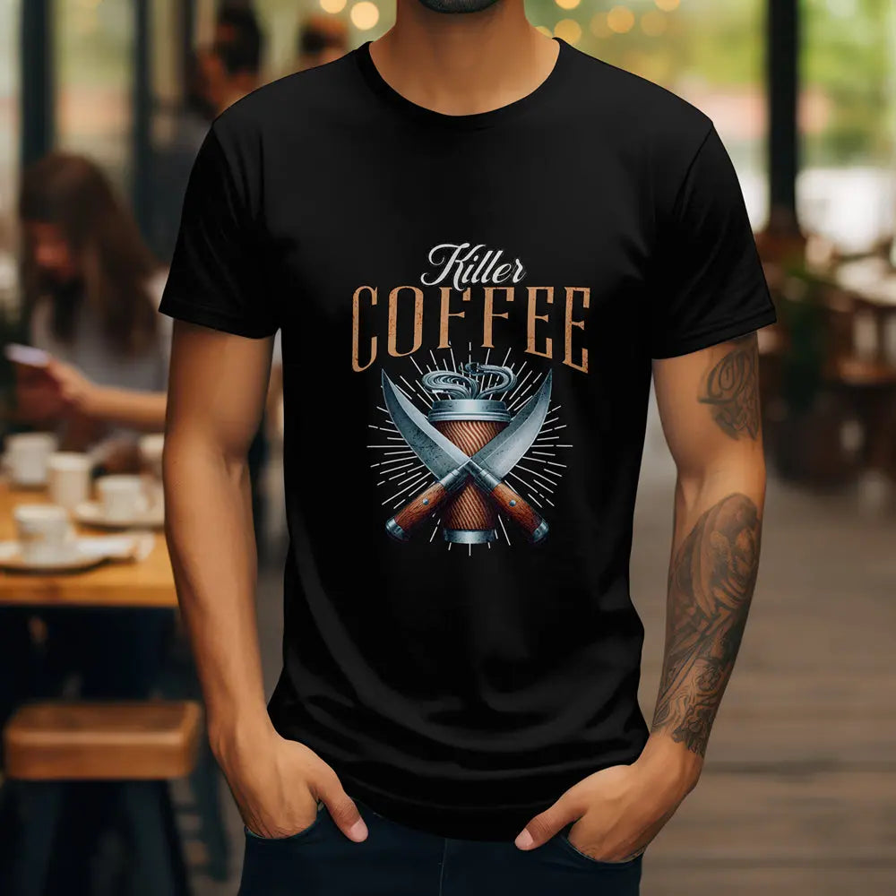 Killer Coffee T-Shirt — Crossed Knives & To-Go Cup Graphic Printify