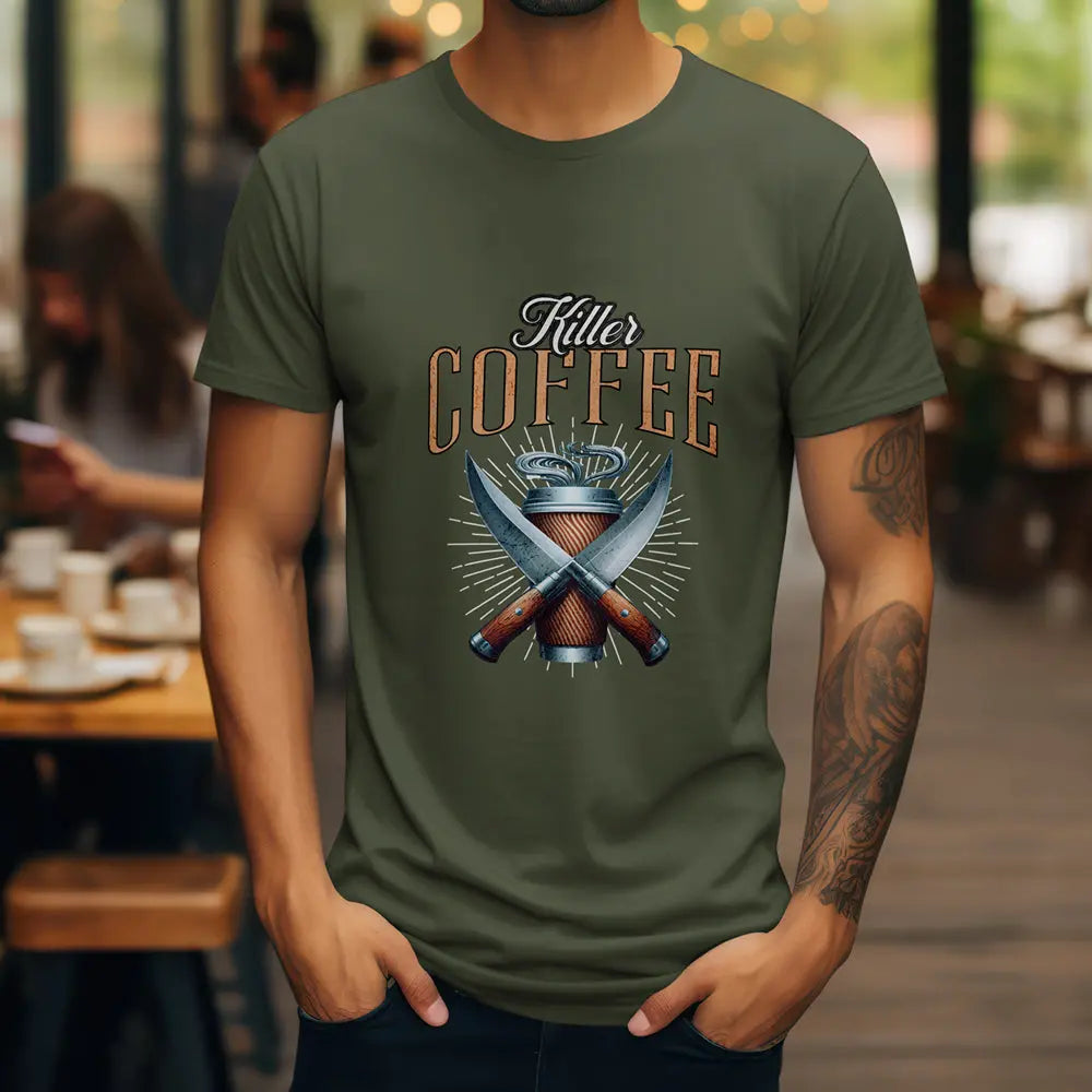 Killer Coffee T-Shirt — Crossed Knives & To-Go Cup Graphic Printify