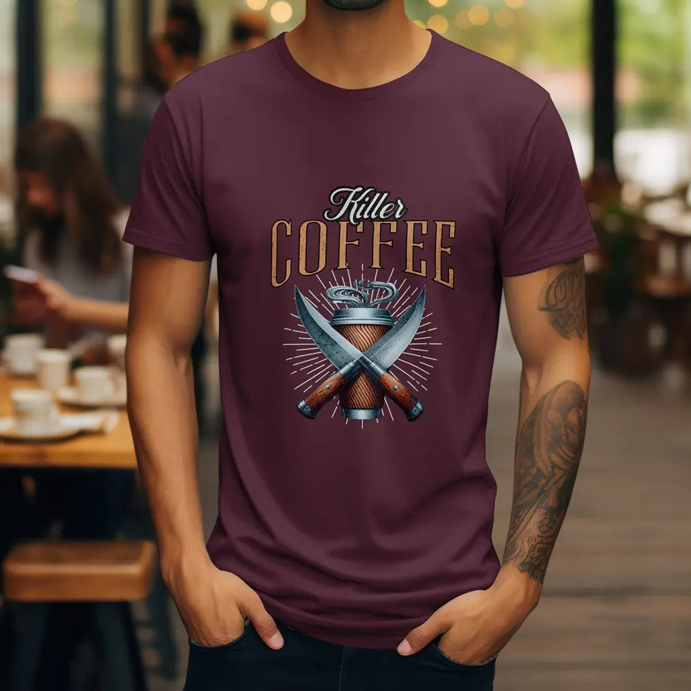 Killer Coffee T-Shirt — Crossed Knives & To-Go Cup Graphic Printify