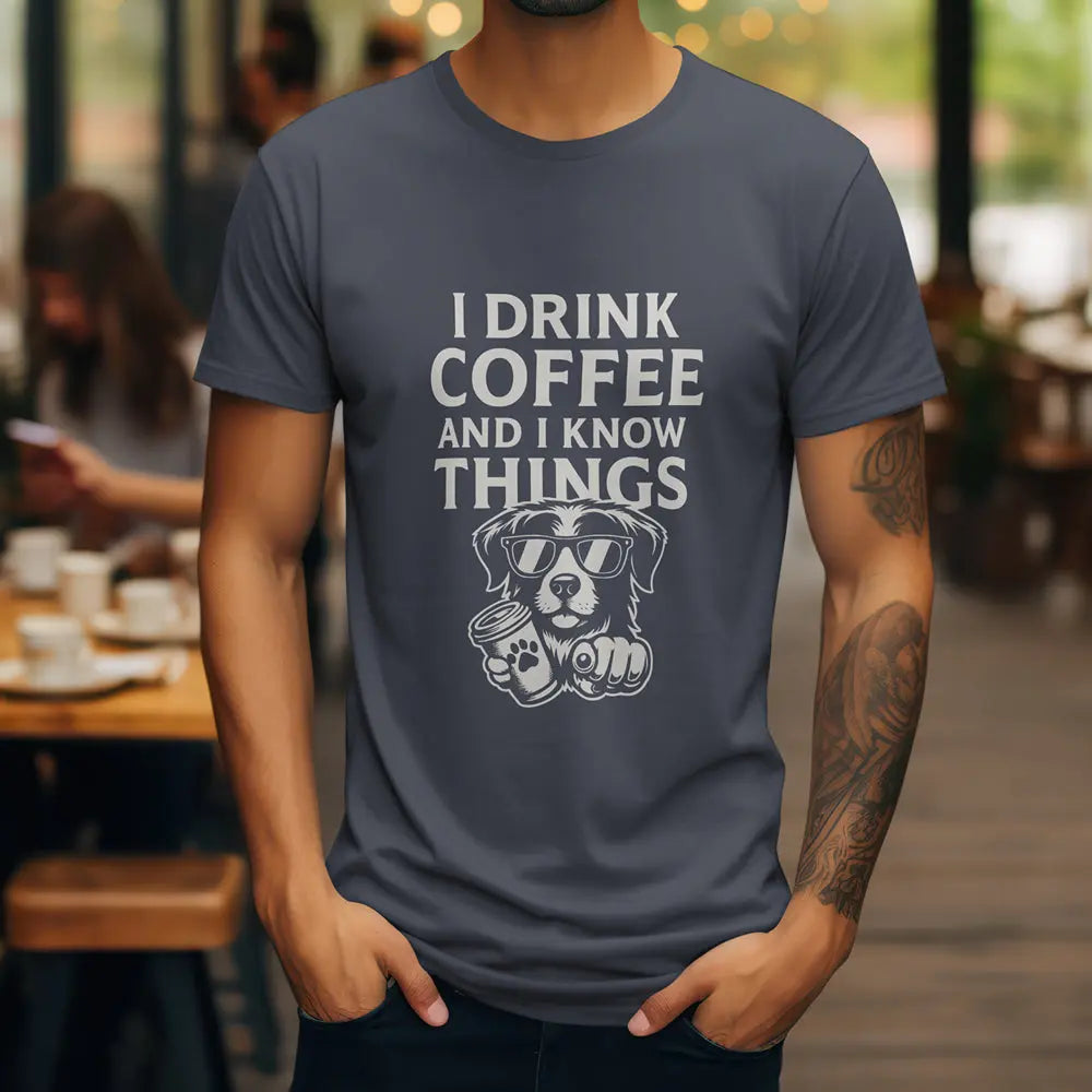 Coffee-Loving Dog T-Shirt — "I Drink Coffee and I Know Things" Printify