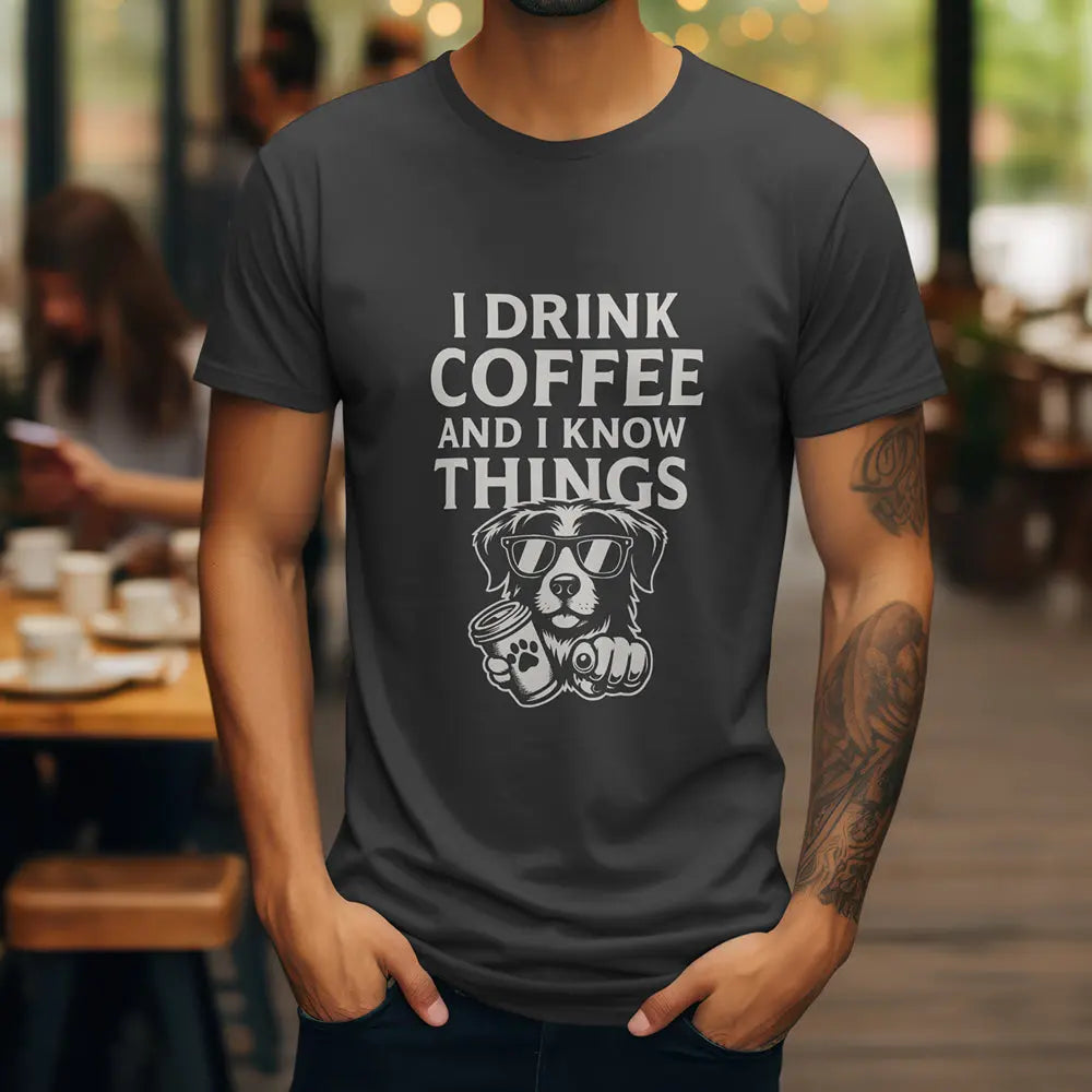 Coffee-Loving Dog T-Shirt — "I Drink Coffee and I Know Things" Printify
