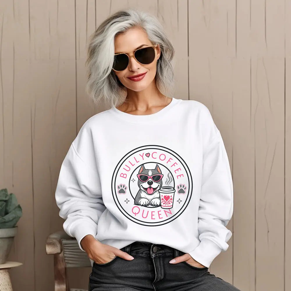 Bully Coffee Queen Sweatshirt — Pitbull with Pink Sunglasses & Coffee Graphic Printify
