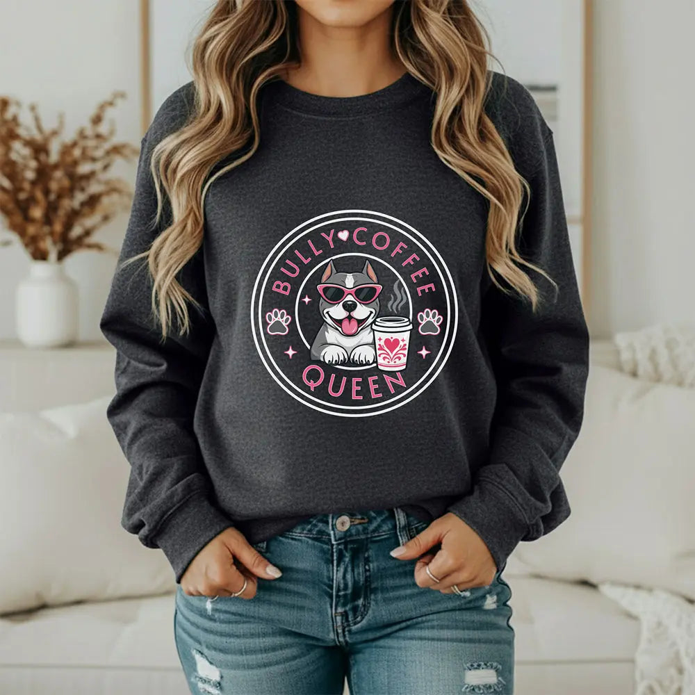 Bully Coffee Queen Sweatshirt — Pitbull with Pink Sunglasses & Coffee Graphic Printify
