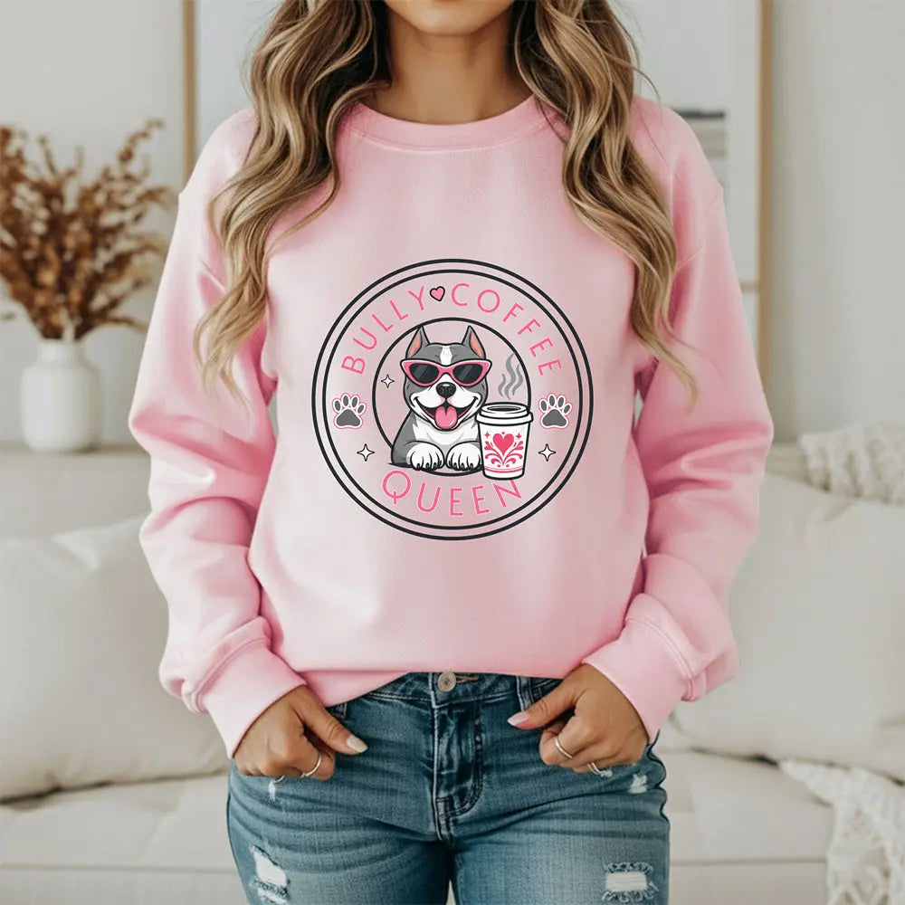 Bully Coffee Queen Sweatshirt — Pitbull with Pink Sunglasses & Coffee Graphic Printify