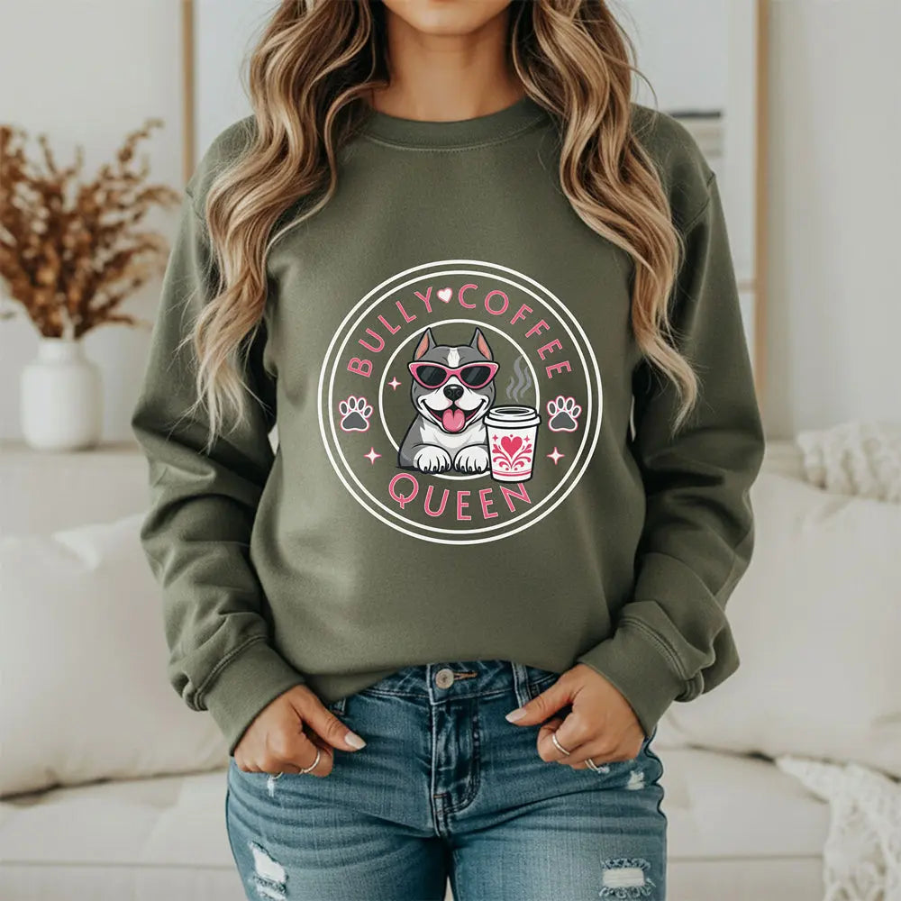 Bully Coffee Queen Sweatshirt — Pitbull with Pink Sunglasses & Coffee Graphic Printify